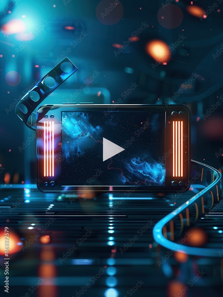 Aufkleber A digital screen with a play button on a futuristic background with a film reel. Generative AI