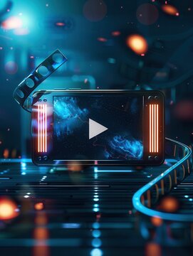 A digital screen with a play button on a futuristic background with a film reel. Generative AI
