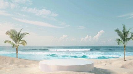 Beach podium summer background sand product 3D sea display platform. Beach podium summer banner stand scene sale sky holiday vacation stage water island sun travel pedestal promotion presentation
