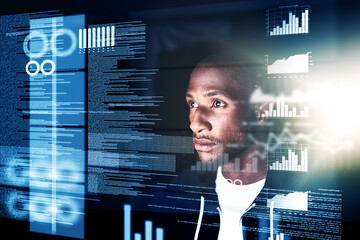 Black man, overlay and hacker with cybersecurity on fraud or cloning for credit card, information and data. Coding, computer and cyber crime in internet or online banking and install virus for system