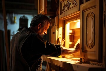 Craftsmanship in Action. Carpenter working on a wooden cabinet concept