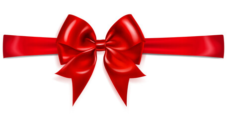 Beautiful large red shiny bow with horizontal ribbon and soft shadow on white background. Vector illustration for design projects and creative works.