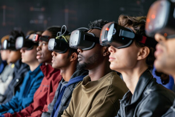 A diverse group of people involved in virtual reality, sitting in a row wearing VR glasses, learning

