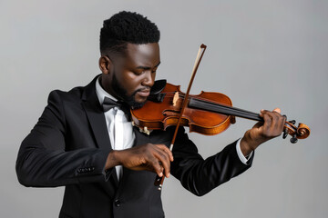 African American man in black suit playing violin isolated on light empty background with space for text or inscriptions
