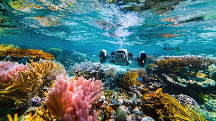 Underwater ROV Exploring Vibrant Coral Reef 