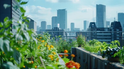 Fototapeta premium Urban Rooftop Garden with City Skyline on a Sunny Day