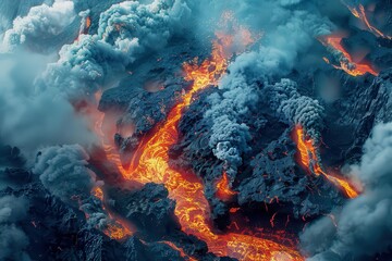 colorful volcano eruption aerial fantasy view of lava flow and ash clouds