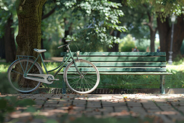 bicycle parked near a green bench in the park
