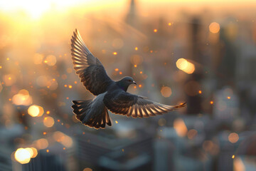 A pigeon flying over the city with a beautiful sunset in the background
