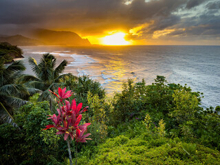 Scenic view of north shore of Hawaiian island of Kauai with its famous Napali coast at sunset © A. Emson