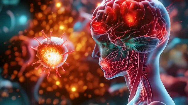 Human brain with glowing neurons interacting with a virus particle