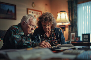 Senior couple woman and man review documents bills at home at the table, theme of paying bills, electricity and water. Pensioners' utility charges
