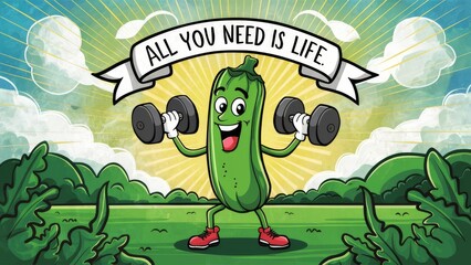 A cartoon character holding dumbbells with a sign that says all you need is love, AI