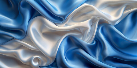 Fototapeta premium beautiful concept holiday romance bridal wedding bedding linen bed template table view top lay fl fabric creases soft design space background elegant satin silk blue light 