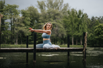 Woman performing yoga on a wooden dock by the lake surrounded by trees. Peaceful outdoor fitness activity in nature.