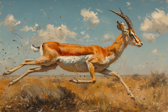 A Running Springbok in African Grassland Under a Blue Sky