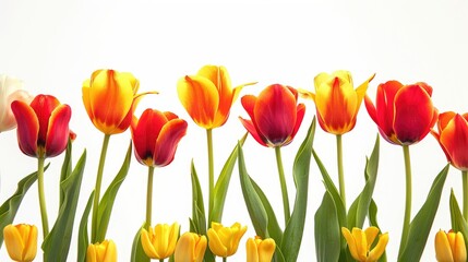 Red and yellow tulips against a white backdrop