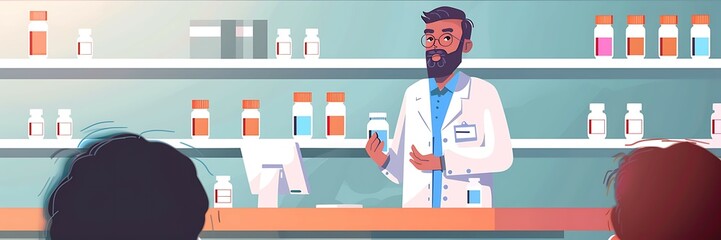 Pharmacist giving a presentation on medication safety comprehensive visual assessment of educational efforts in pharmacies