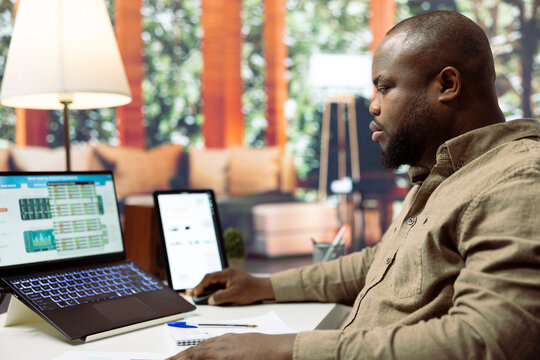 General manager studying sales statistics to evaluate supply and demand, finding ways to increase organizational budget and develop the business activity at home office. Finance and economy.