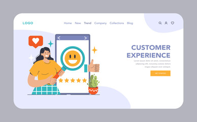Customer experience web or landing. Woman reviews stellar feedback