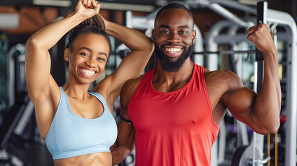 A fit couple smiling and flexing their muscles in a gym, epitomizing strength, health, and motivation in a modern fitness setting.
