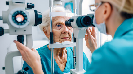 An elderly woman undergoing an eye examination by a medical professional, highlighting the importance of regular vision check-ups and advanced ophthalmic care for senior citizens.
