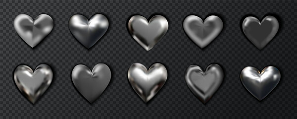 Chrome collection of elegant metallic heart icons. Y2k metallic set. Stock vector illustration in realistic style.