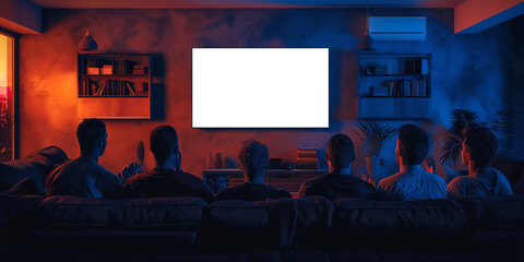 People celebrating and watching TV together, customizable screen included.