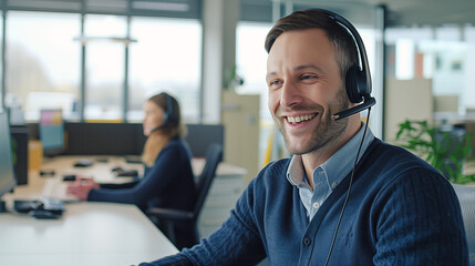 A cheerful customer service representative wearing a headset engages with a client, embodying professionalism and friendly support in a modern office environment.