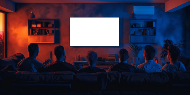 People celebrating and watching TV together, customizable screen included.