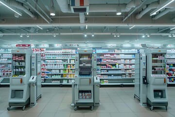 Fototapeta premium Pharmacy with automated dispensing machines comprehensive visual assessment of automation in pharmacies
