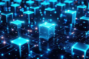 ethereal blockchain network abstract 3d rendering of glowing blue data connections in cube formation