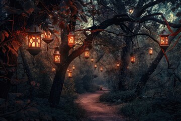 A dark forest path illuminated by lanterns hanging from the trees, creating a mystical and eerie atmosphere perfect for Halloween