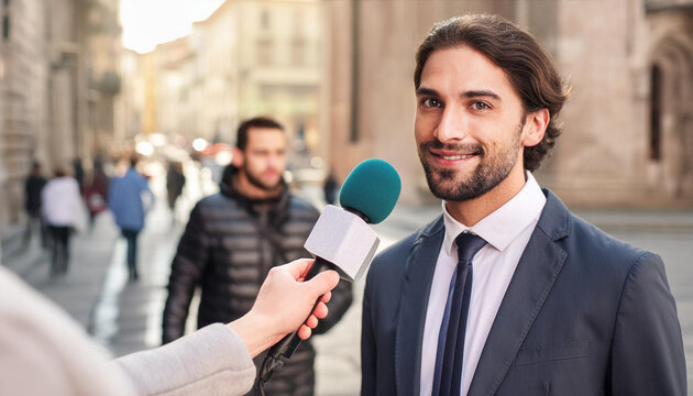 intervista microfono uomo elegante gioca e cravatta al telefono 