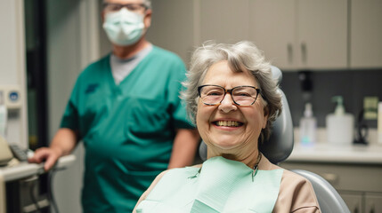 Obraz premium An elderly woman with a joyful smile sits in a dental chair, exemplifying satisfaction with dental care. A dentist stands in the background, representing professional healthcare service.