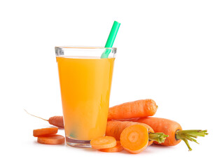 Glass of fresh carrot juice on white background