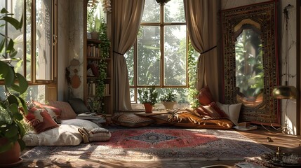 Cozy and Inviting Reading Nook Bathed in Afternoon Sunlight and Reflected Patterns