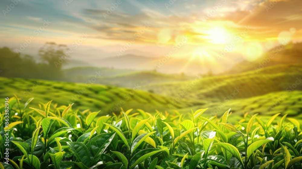 Wall mural Background of a Tea Plantation with Green Tea Leaves