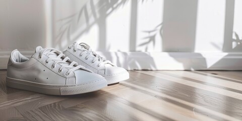 a pair of white sneakers neatly placed on a clean floor