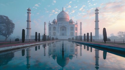 The Taj Mahal Reflected in Tranquil Waters at Sunrise in a Modern Bathroom Mirror