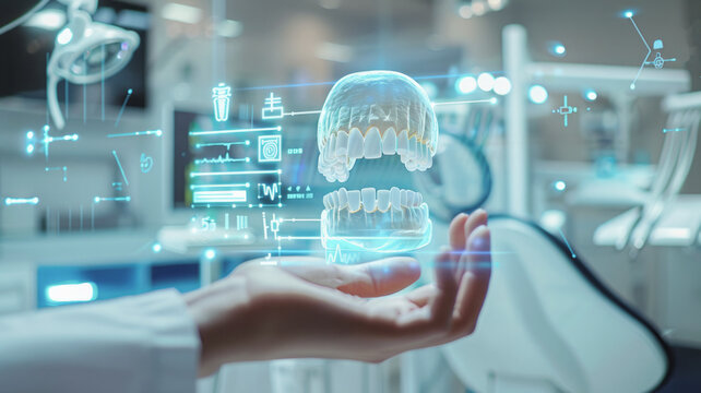 A futuristic dental clinic showcases a floating 3D model of human teeth, highlighting advanced technology and precision in modern dentistry.