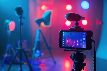 A smartphone is mounted on a tripod with a microphone attached, recording in a studio setting with colorful lights. Generative AI