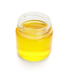 Jar of sweet honey on white background