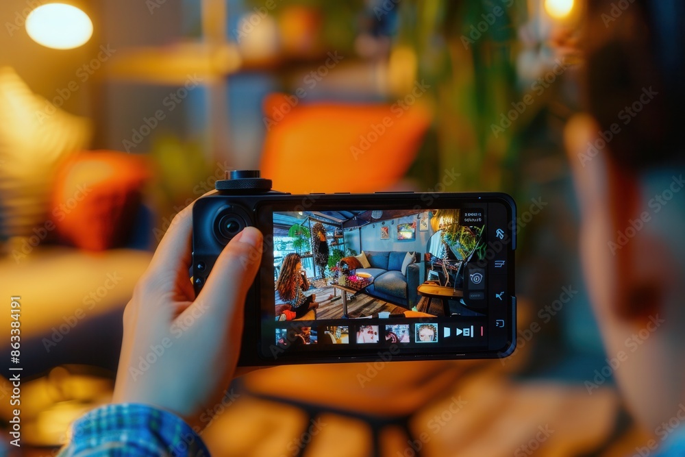 Poster a person holds a smartphone recording a video of two other people in a living room. the image captur