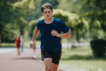 Obraz premium Focused young man jogging on a park trail, wearing a blue athletic shirt and black shorts. Healthy lifestyle and outdoor fitness.