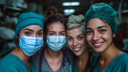 wide angle multi-racial masked nursing staff group photo happy at their accomplishments, doctor and nurse, group, operating room