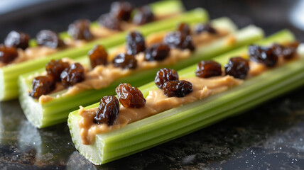 Ants on a log - celery with peanut butter and raisins, close up photo, flies on a log, bugs on a log - a classic healthy kids summer snack