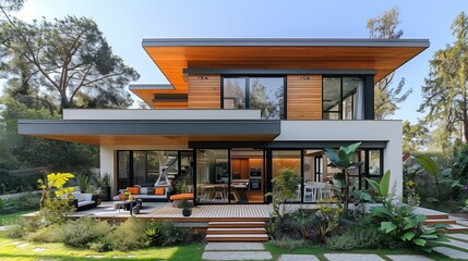 Fototapeta premium Modern Two-Story Home With Wooden Accents and Lush Landscaping