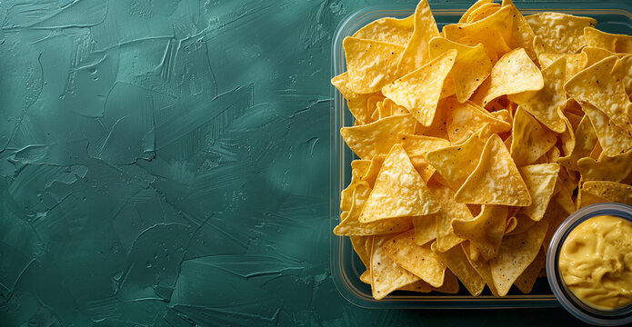 Ballpark nacho chips with cheese, isolated on a background - basic tortilla chips in a plastic tray with cheese sauce - diagonal organic composition - boring concession stand food