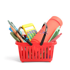 Fototapeta premium Shopping basket with school stationery on white background